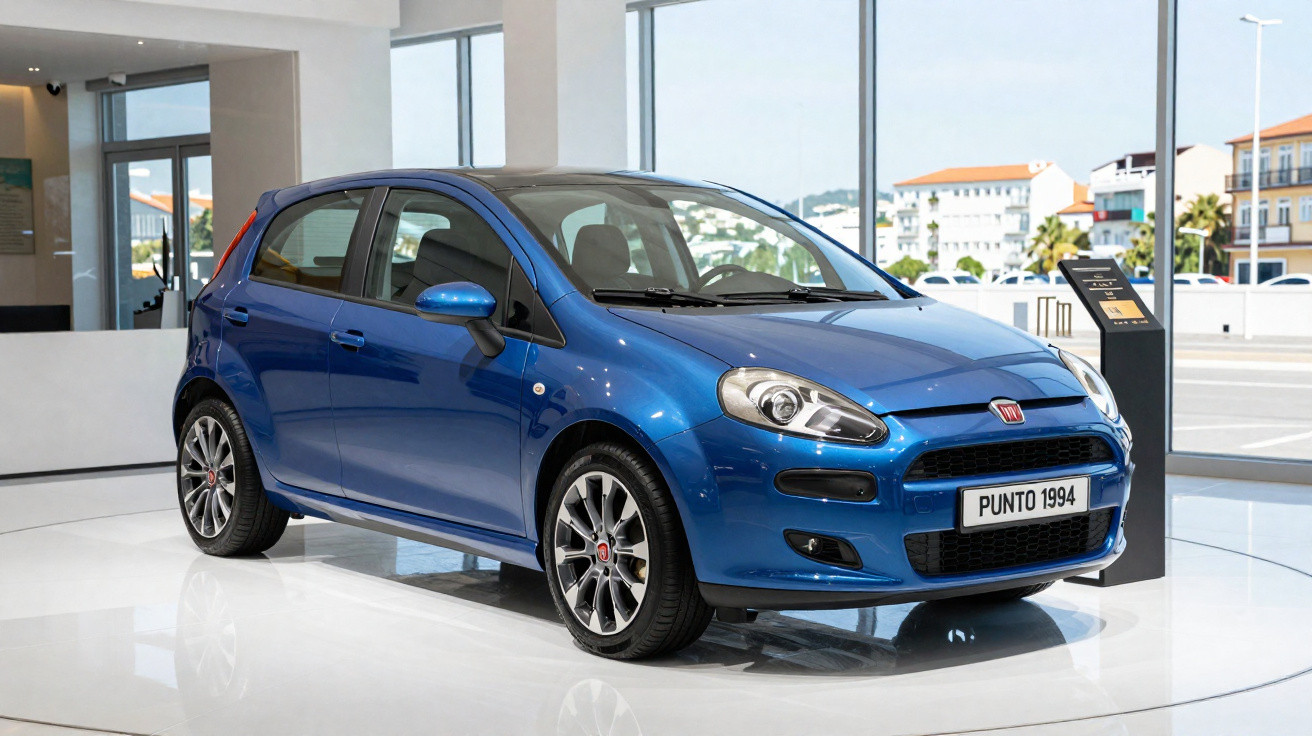 Carro Fiat Punto azul 1994 exibido em salão com piso branco e janelas grandes.