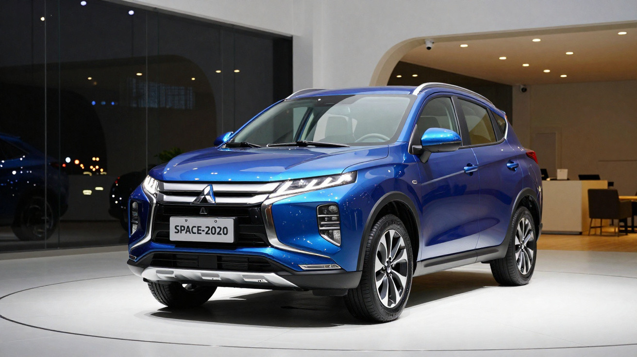 SUV Mitsubishi Space 2020 azul exibido em showroom moderno com iluminação interna.
