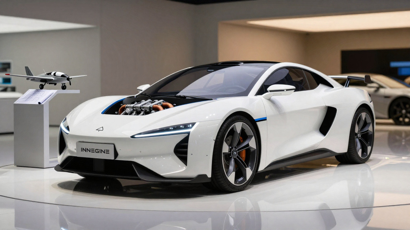 Carro esportivo branco elétrico exposto em feira com motor à mostra no capô e modelo de avião ao lado.