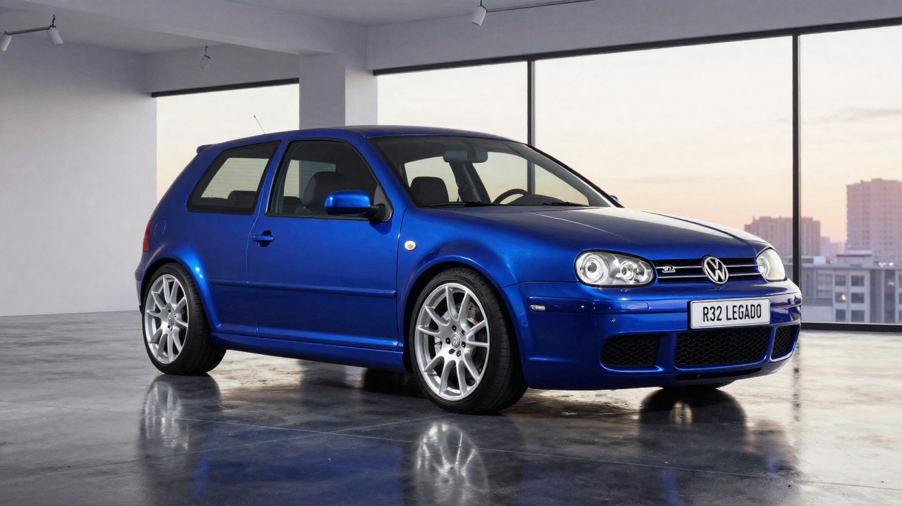 Carro Volkswagen Golf R32 azul estacionado em piso brilhante dentro de garagem com janelas grandes.