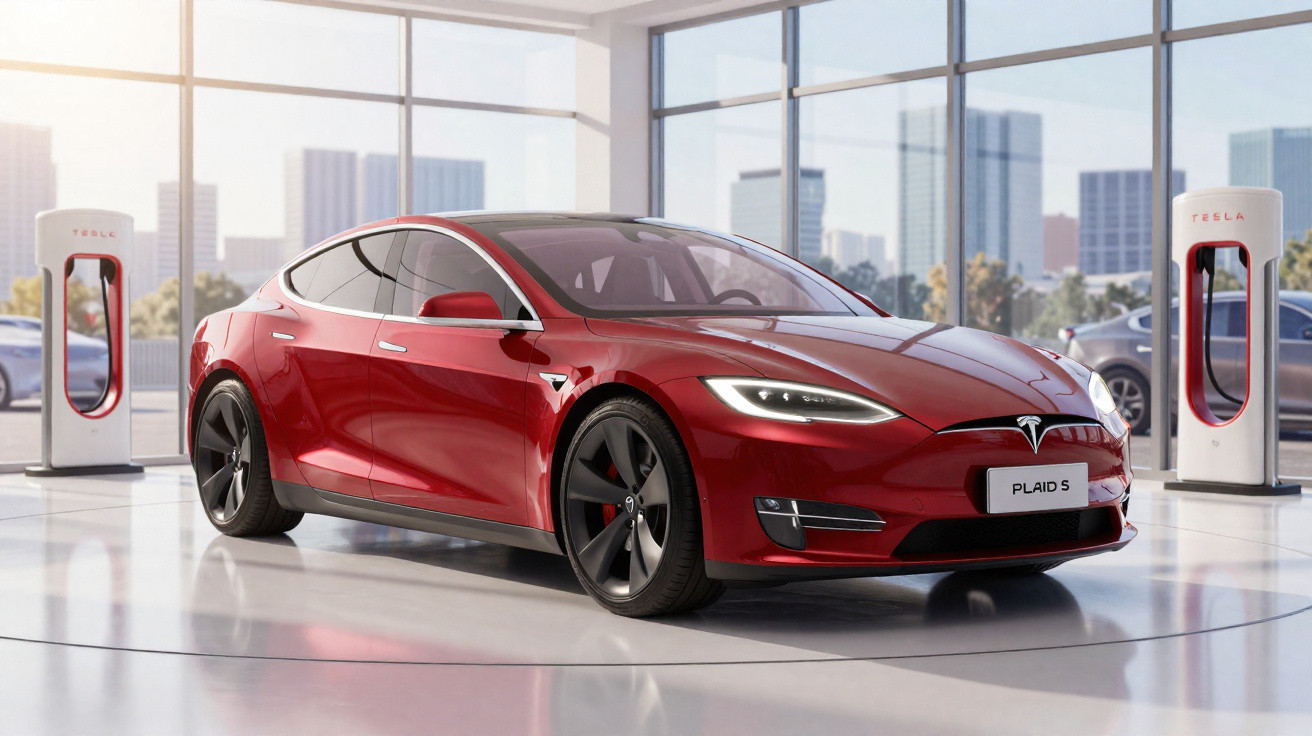 Carro elétrico Tesla vermelho modelo Plaid S em showroom com parede de vidro e carregadores Tesla ao fundo.