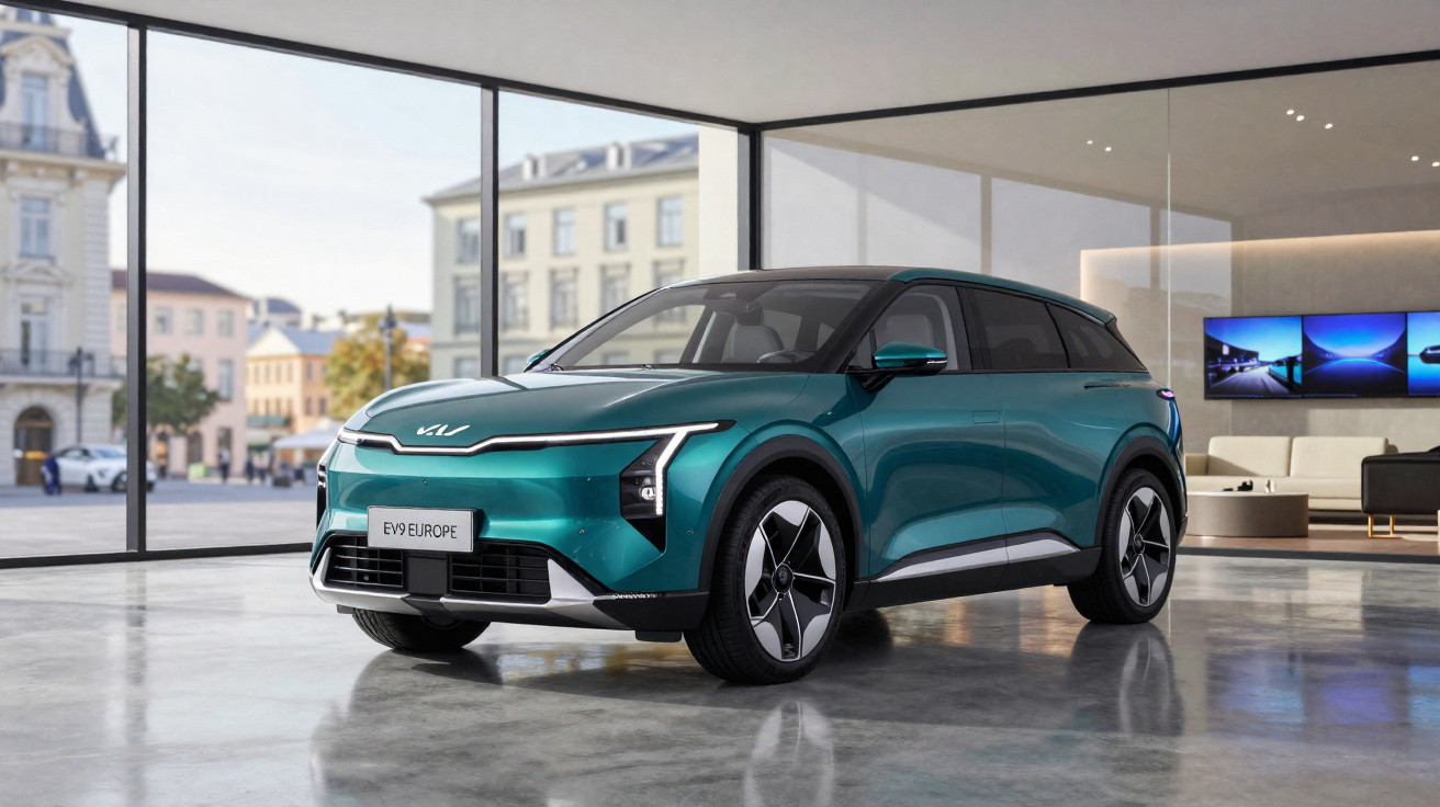 Carro elétrico SUV Kia EV9 verde em exposição moderna com janelas grandes e vista urbana ao fundo.