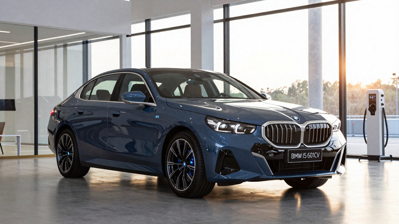 Carro BMW i5 601CV azul em showroom moderno com estação de recarga elétrica ao fundo.