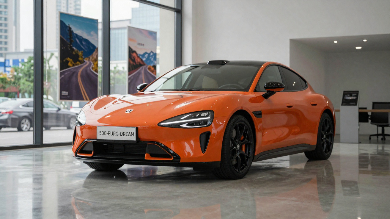 Carro esportivo elétrico laranja estacionado em showroom moderno com piso refletivo.