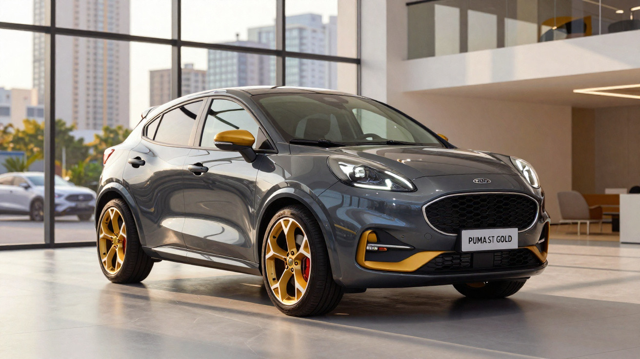 Carro Kia Puma 1.0 Turbo cinza com detalhes dourados em showroom moderno com grandes janelas.