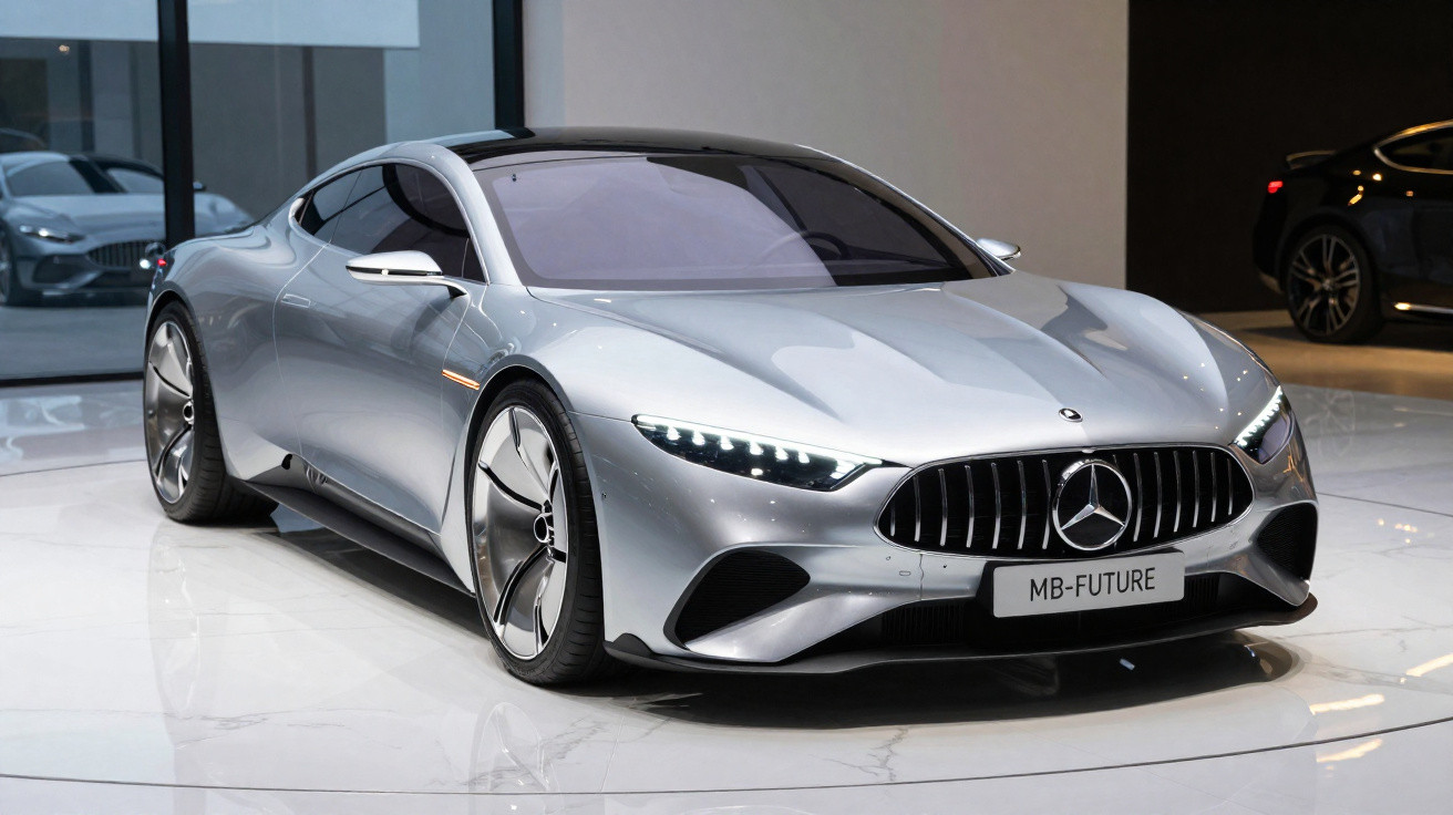 Carro esportivo prata Mercedes-Benz futurista estacionado em piso branco com fundo neutro.