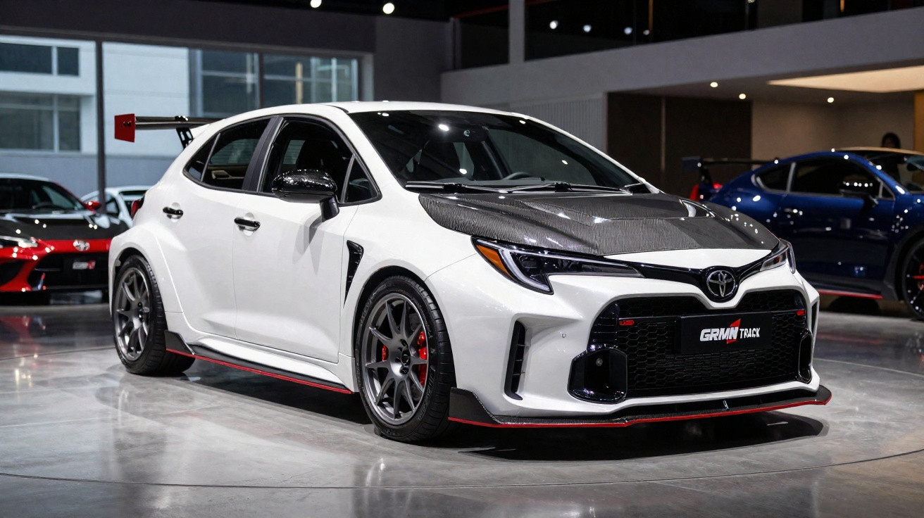 Carro branco esportivo Toyota GRMN Track com detalhes pretos e aerofólio vermelho em showroom iluminado.