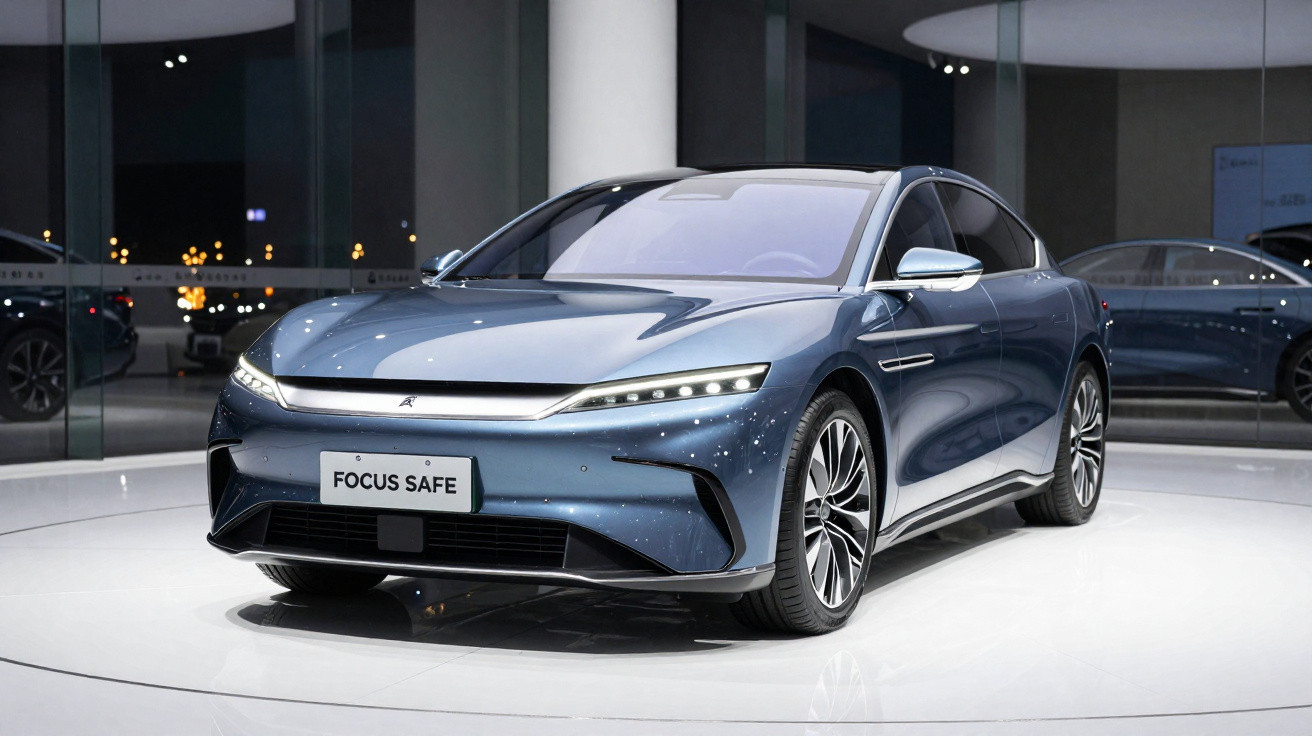 Carro elétrico azul metálico Focus Safe em exposição dentro de showroom moderno.