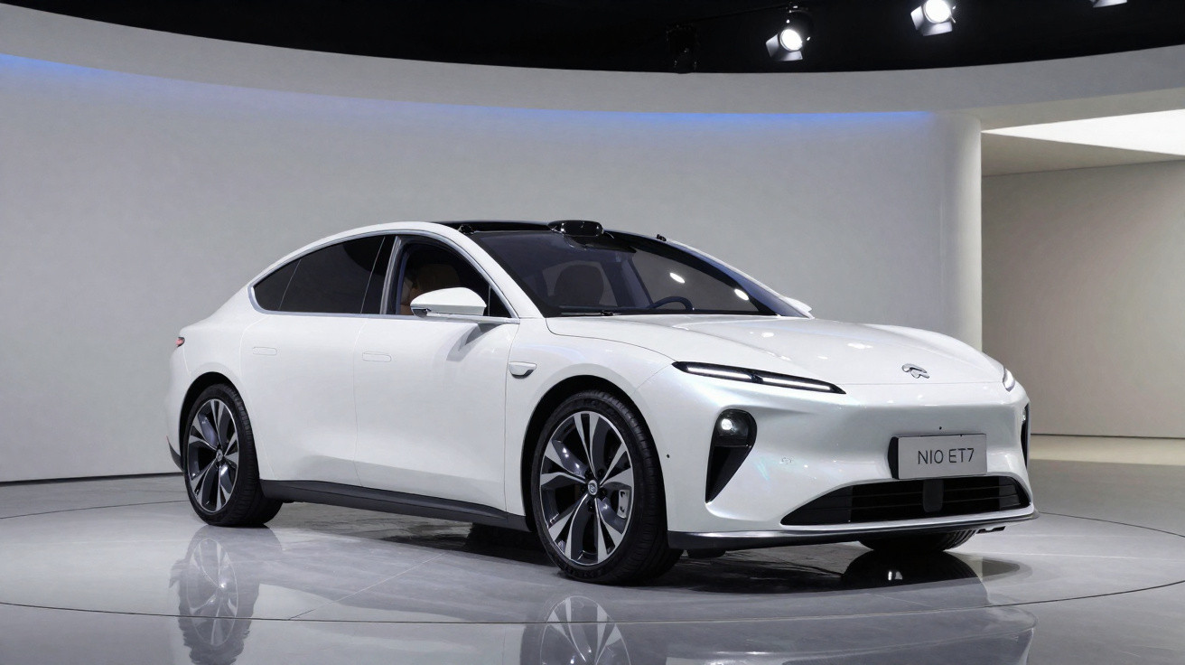 Carro elétrico branco NIO ET7 exposto em pedestal rotativo em ambiente interno moderno.
