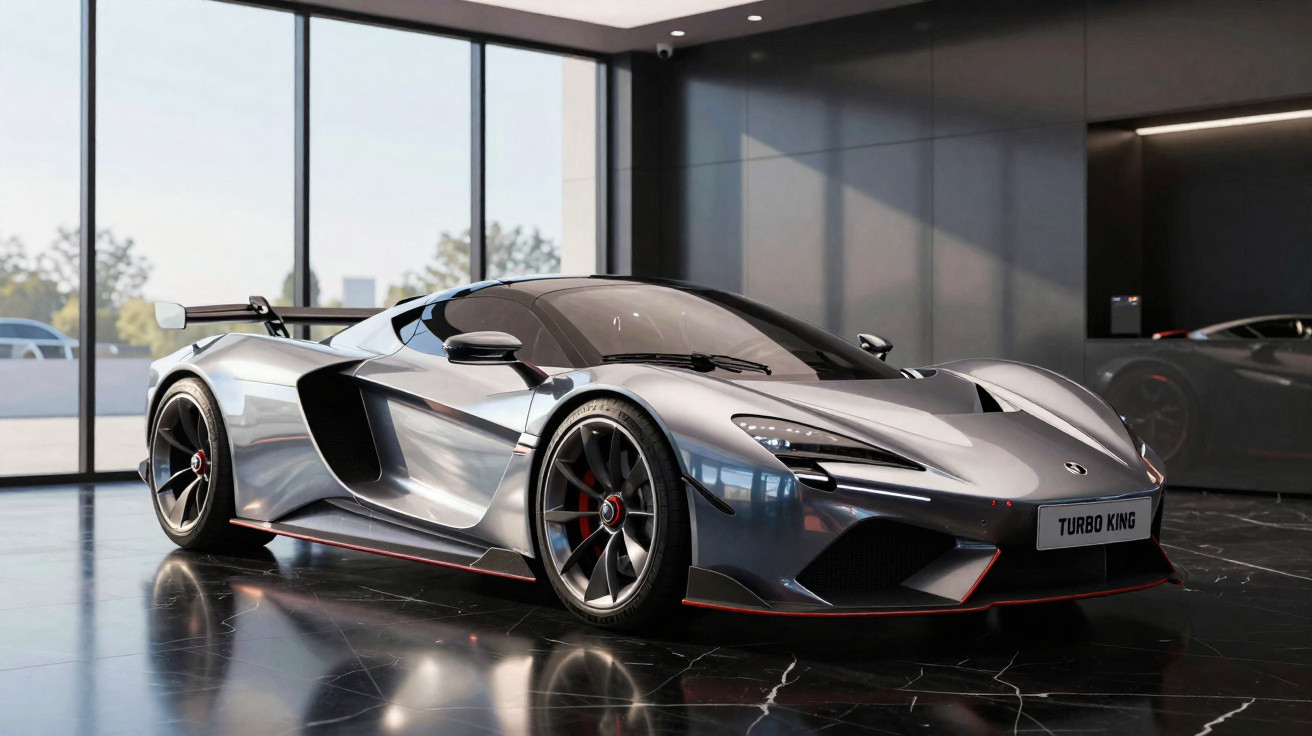 Carro esportivo prata Turbo King em exibição dentro de showroom moderno com piso preto brilhante.