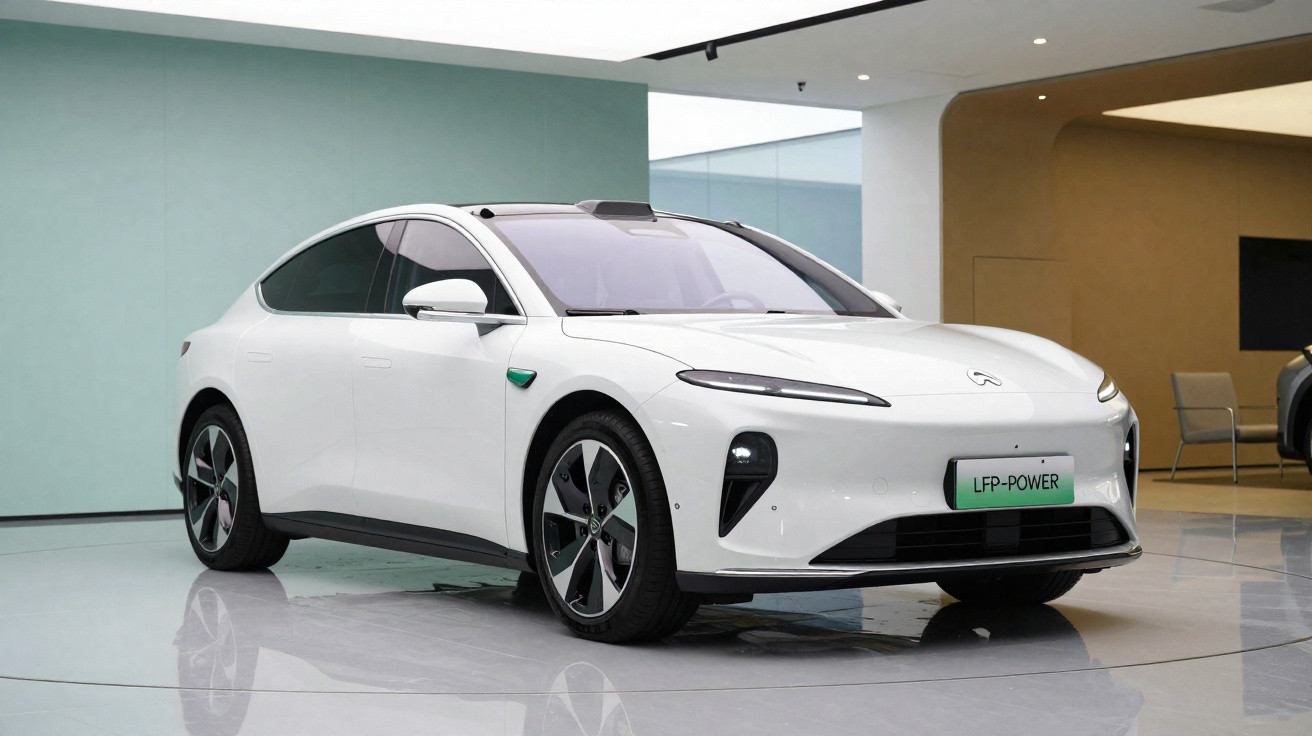 Carro sedan elétrico branco exposto em ambiente interno moderno com placa "LFP-POWER".