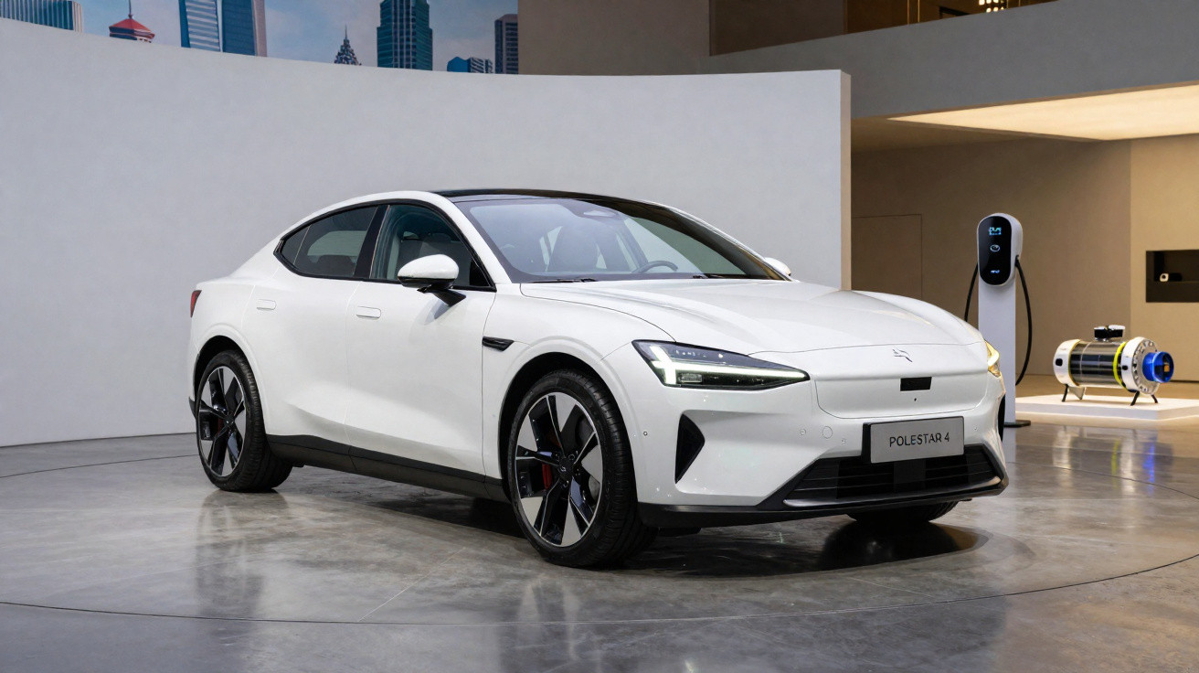 Carro elétrico branco Polestar 4 exposto em ambiente moderno com carregador ao fundo.