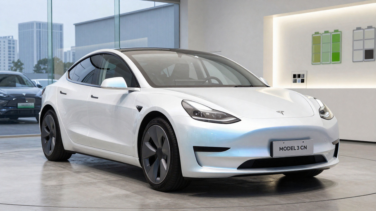Carro elétrico branco Tesla Model 3 exibido em showroom moderno com indicadores de carga na parede.