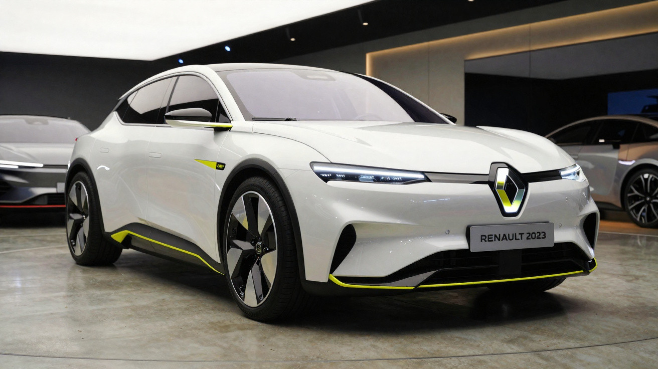 Carro conceito elétrico branco Renault 2023 exibido em showroom moderno e iluminado.