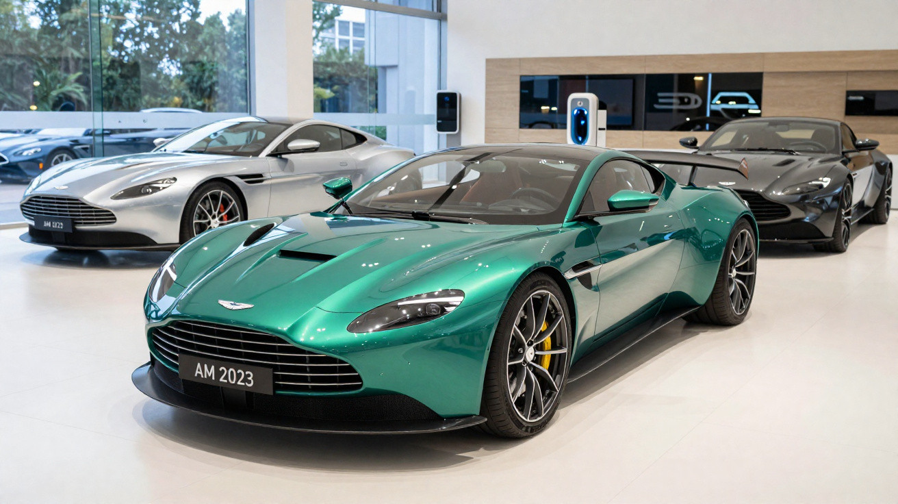 Três carros esportivos Aston Martin estacionados em sala de exposição, sendo um verde, um prata e um preto.