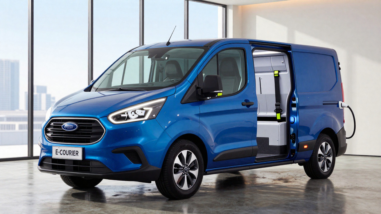 Van elétrica azul Ford E-Courier estacionada em ambiente interno iluminado, com porta lateral aberta.