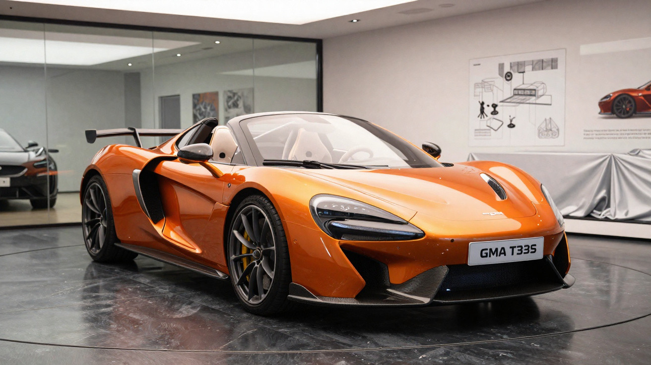 Carro esportivo conversível laranja exibido em sala de exposição moderna com piso brilhante.