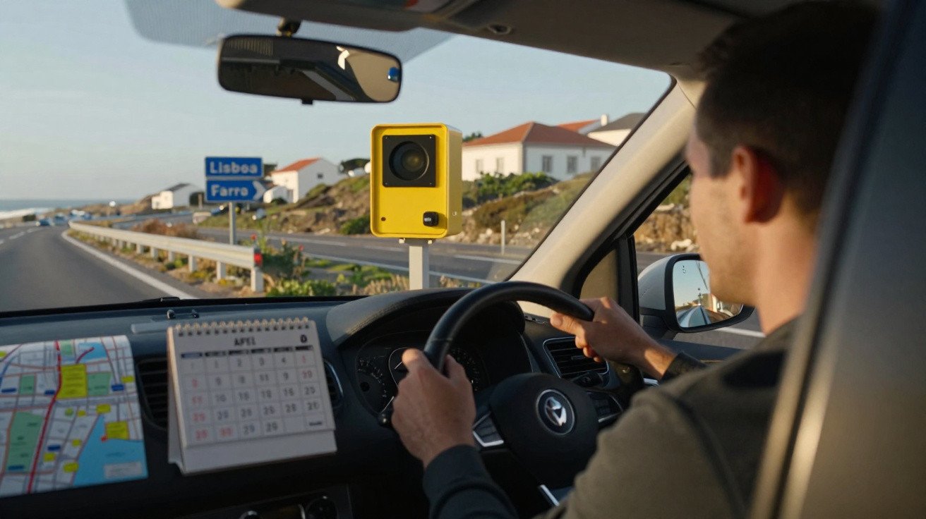 Pessoa dirigindo um carro próximo a um radar amarelo em rodovia com placas para Lisboa e Faro.
