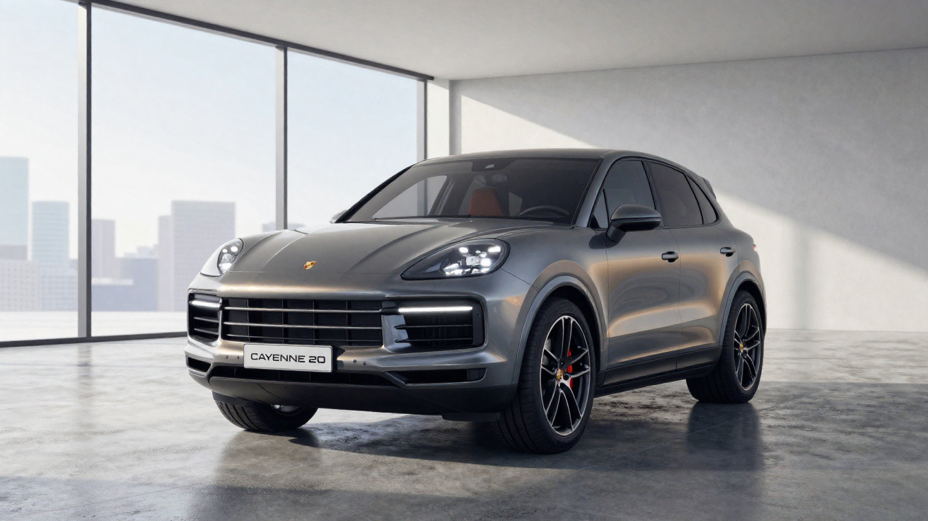 SUV Porsche Cayenne 2020 cinza estacionado em ambiente interno com luz natural entrando por janelas amplas.
