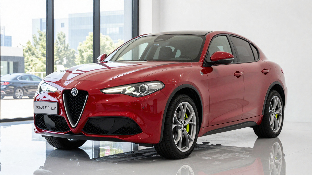 Carro Alfa Romeo Tonale PHEV vermelho em ambiente interno com piso branco e janela ao fundo.