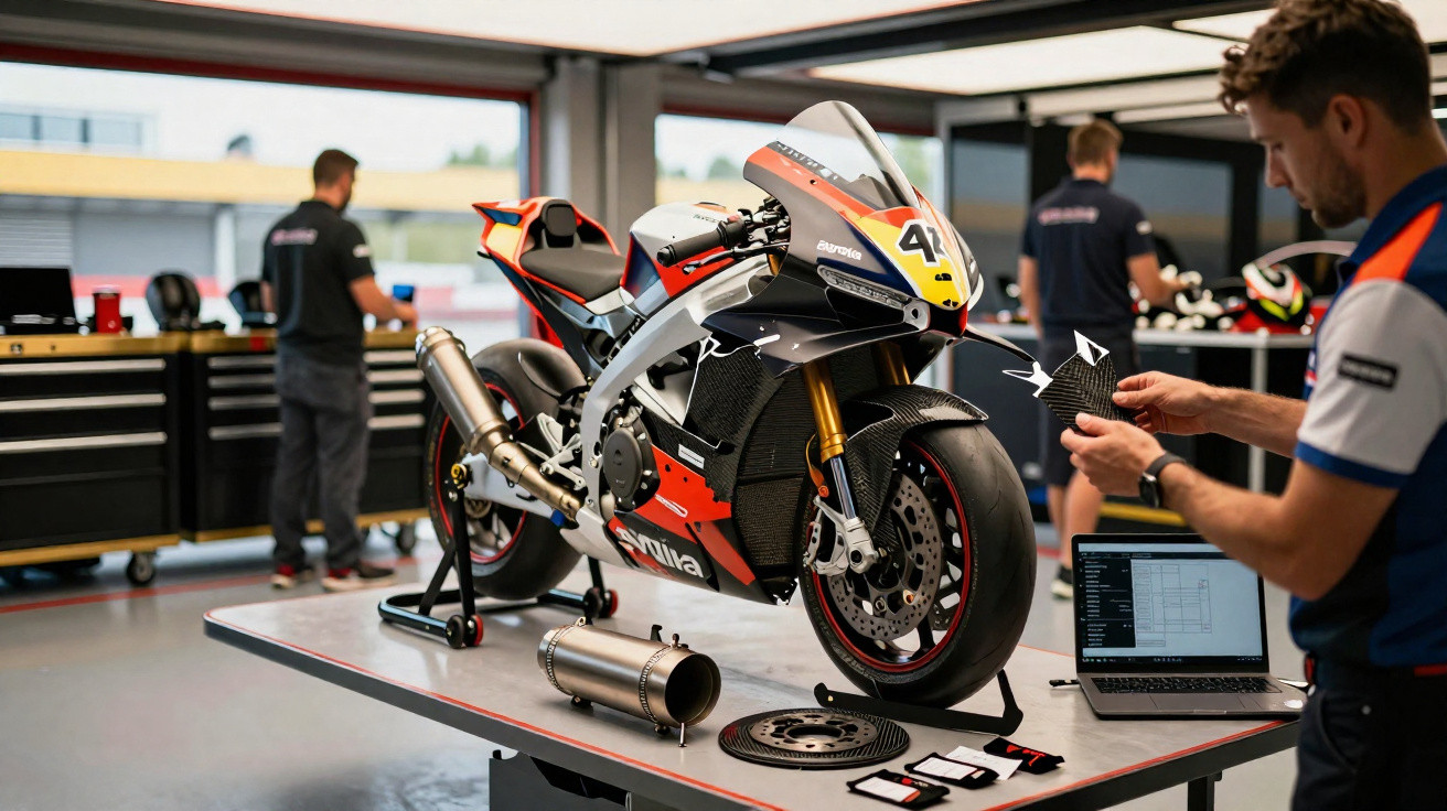 Oficina com motocicleta esportiva Aprilia em bancada e técnicos realizando ajustes e análise de peças.