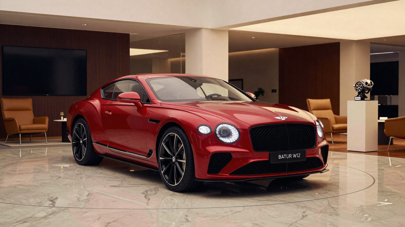 Carro esportivo vermelho Bentley Batur W12 em showroom moderno com poltronas de couro marrom ao fundo.