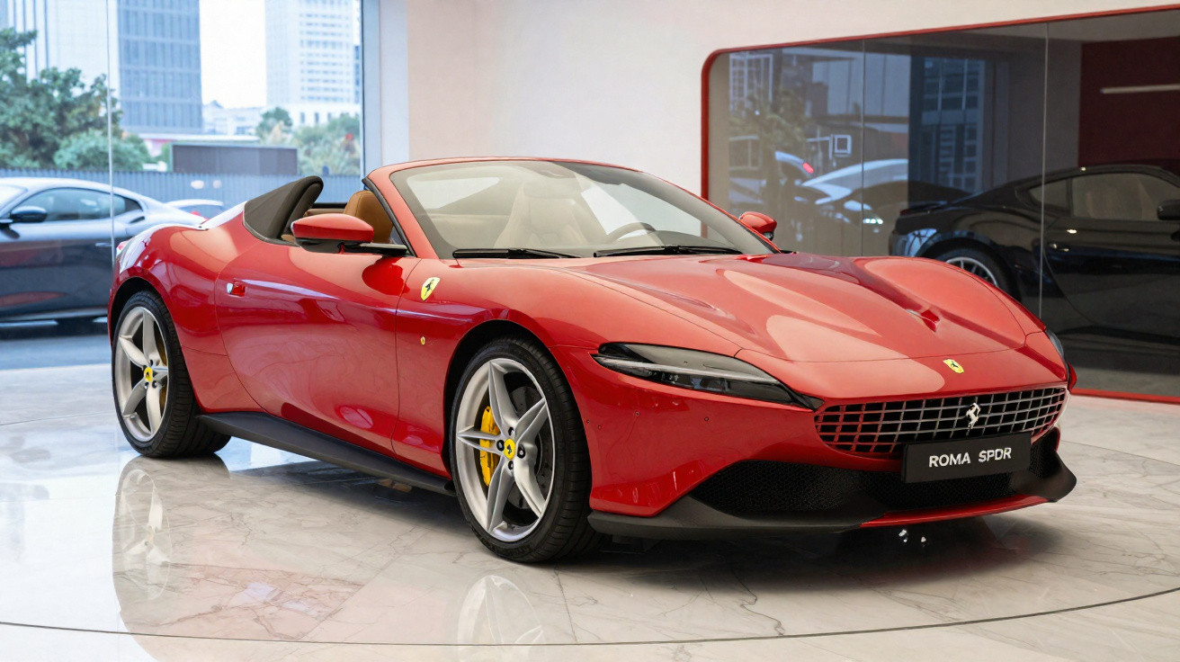 Carro esportivo conversível Ferrari Roma Spider vermelho em exposição interna com teto aberto.