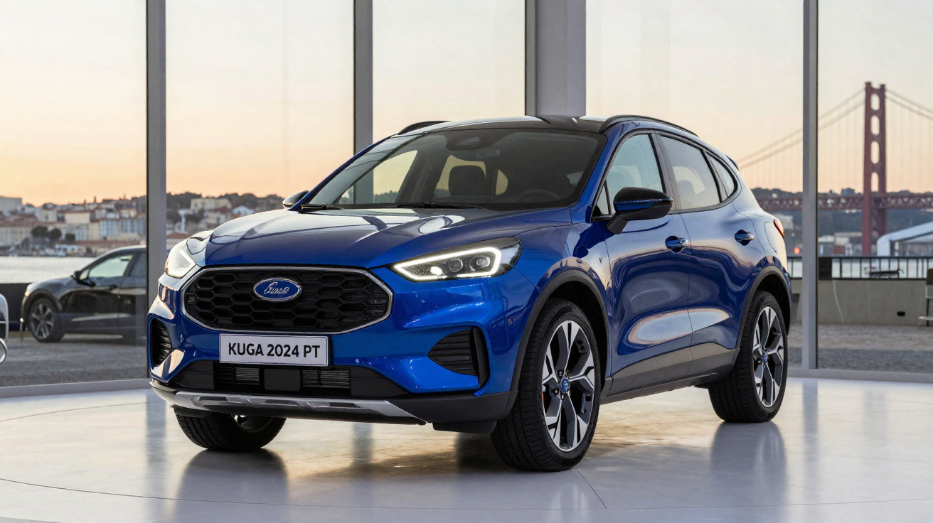 Carro azul Ford Kuga 2024 em exposição interna com grandes janelas e vista urbana ao fundo.