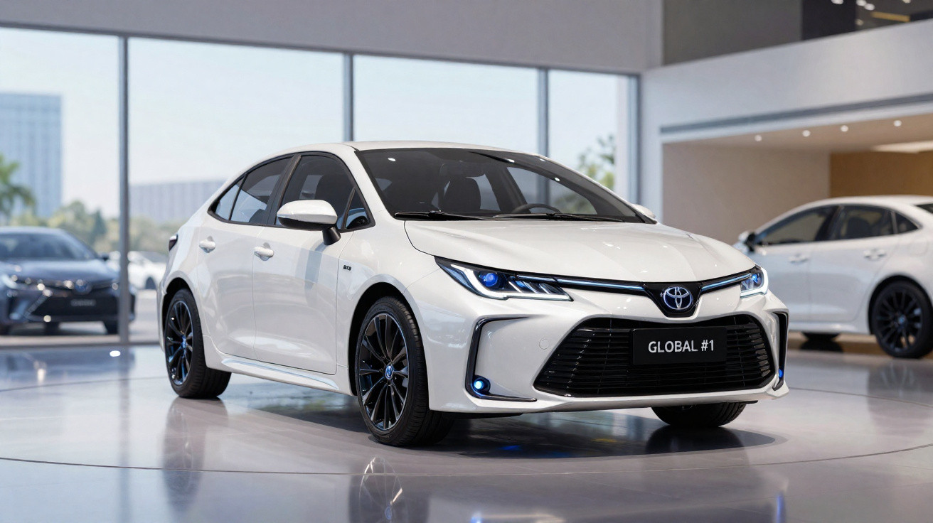 Carro branco Toyota Corolla híbrido em exibição dentro de um showroom moderno.
