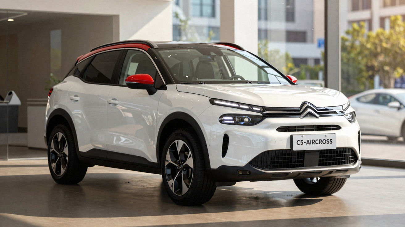 Carro Citroën C5 Aircross branco com detalhes vermelhos exposto em showroom moderno.