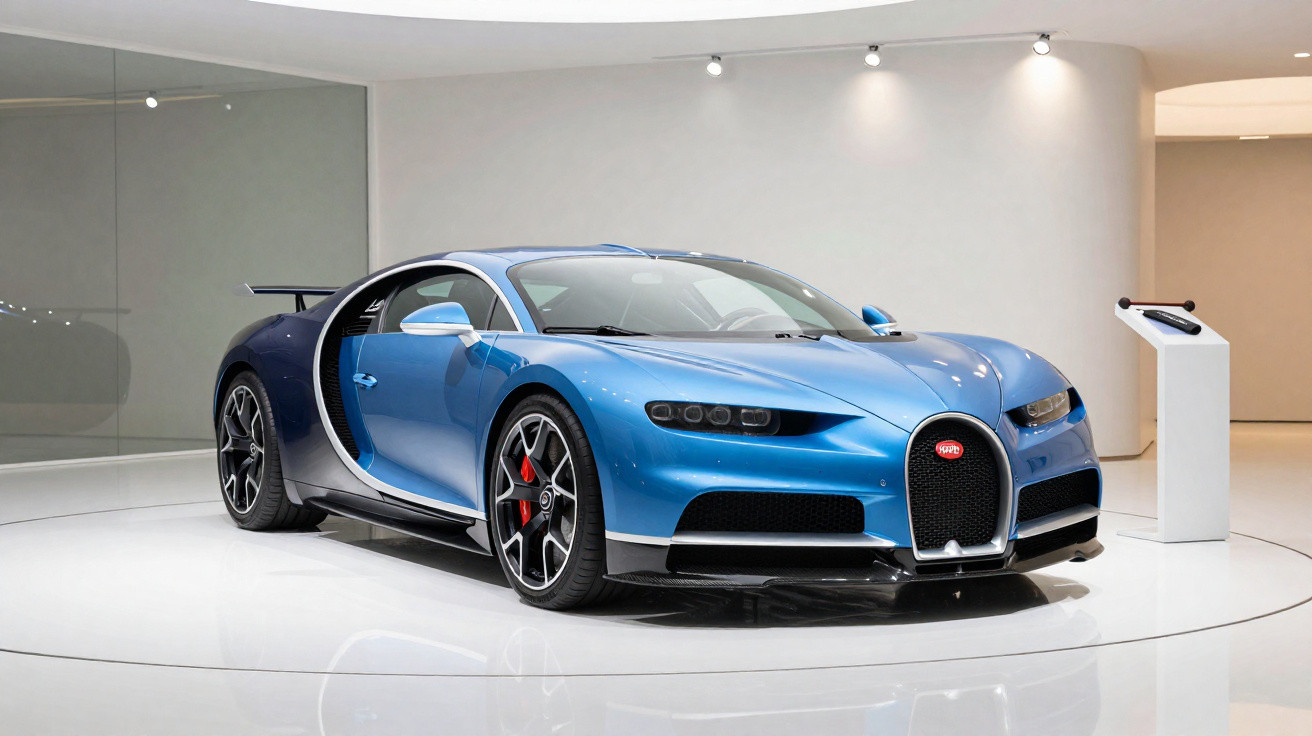 Carro esportivo azul Bugatti Chiron em exposição dentro de sala branca moderna.