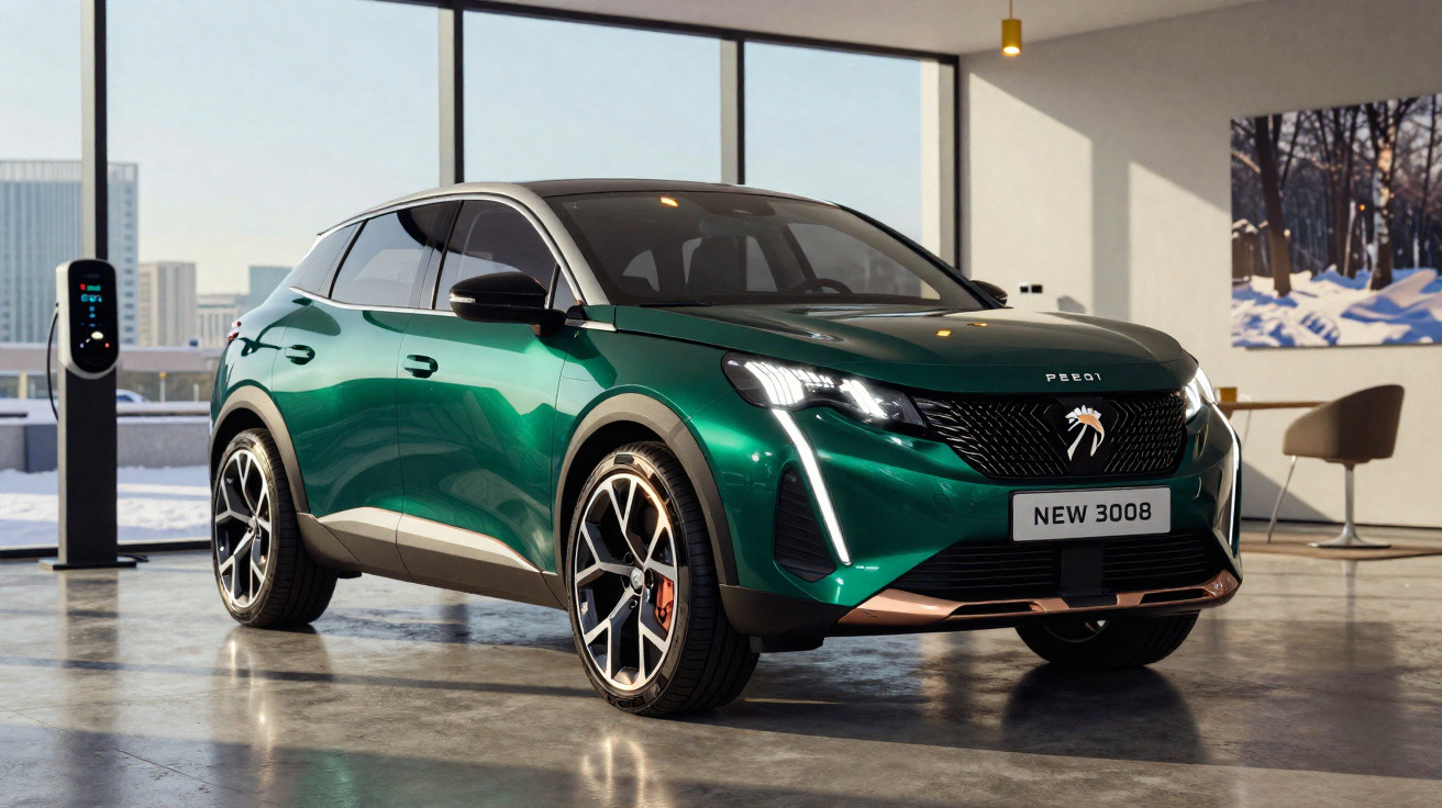 SUV verde Peugeot 3008 estacionado em garagem moderna com estação de recarga elétrica.