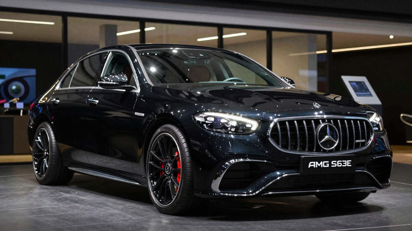 Carro preto Mercedes-Benz AMG S63E estacionado em ambiente interno com iluminação refletida na lataria.