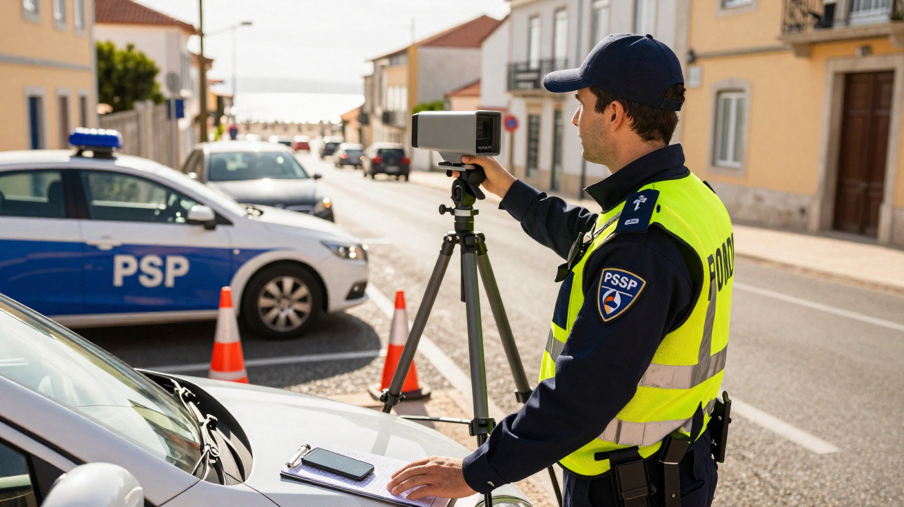 Policial de trânsito operando radar para fiscalização de velocidade em rua com carros estacionados.