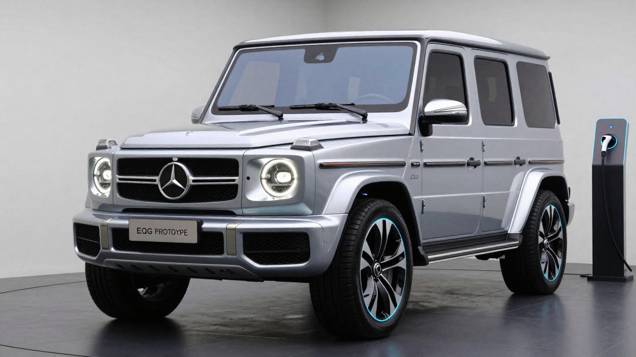SUV elétrico Mercedes-Benz EQG prata estacionado em ambiente interno com estação de recarga.