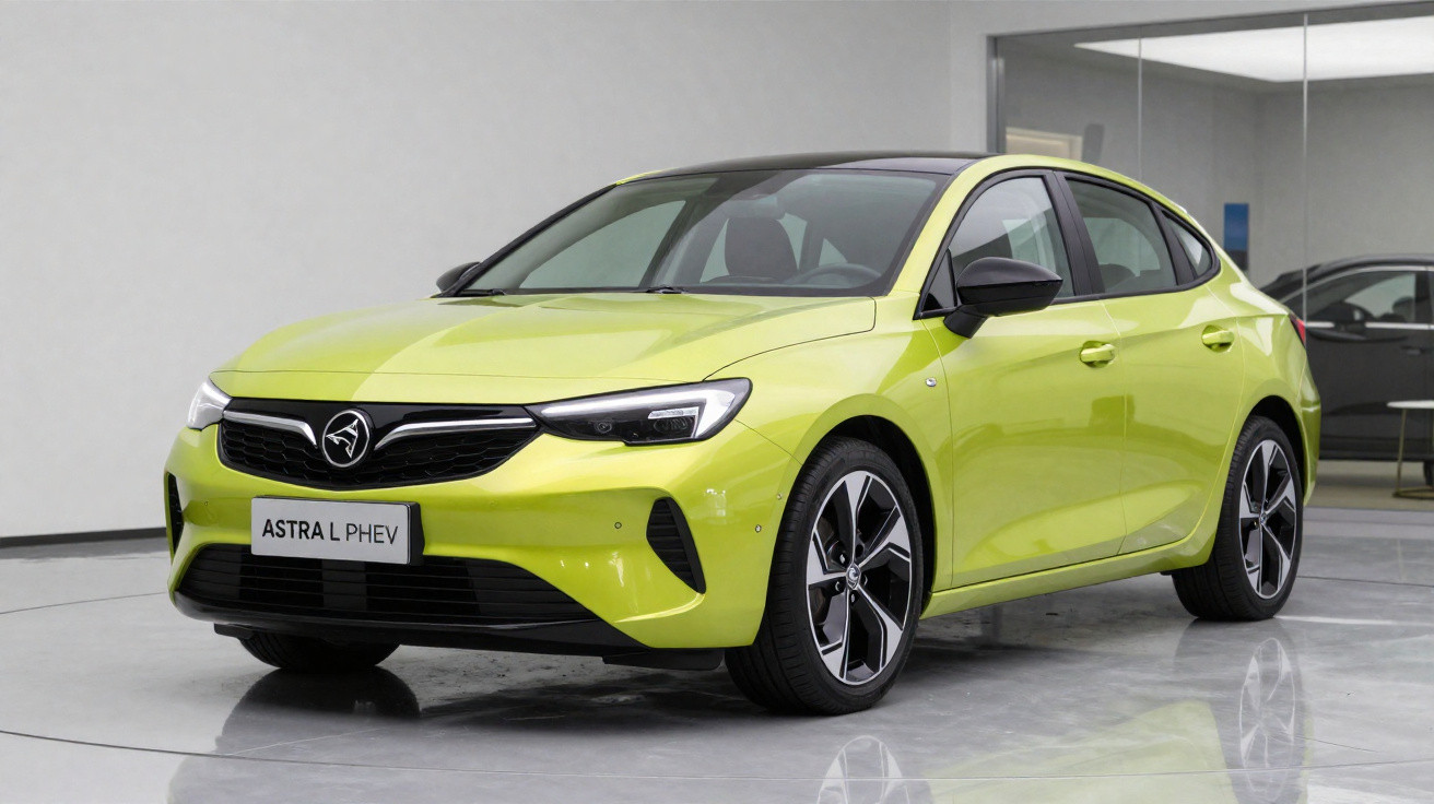 Carro Hatchback verde-limão Astra L PHEV estacionado em ambiente interno moderno e iluminado.