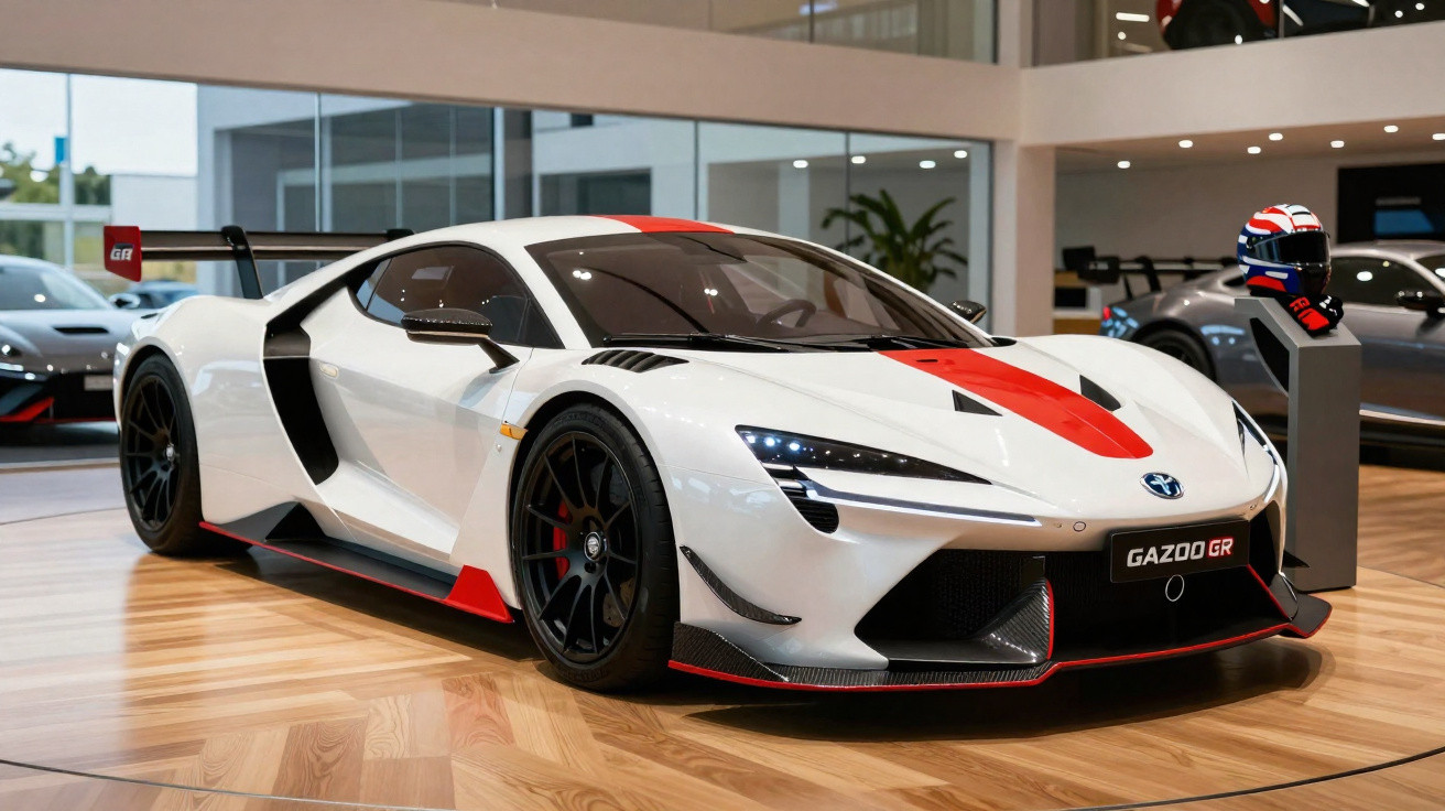 Carro esportivo branco com detalhes vermelhos exibido em showroom moderno com piso de madeira.