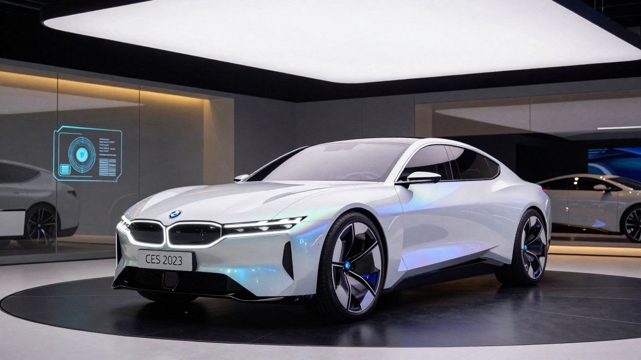 Carro esportivo elétrico BMW branco em exposição moderna com iluminação suave e detalhes futuristas.