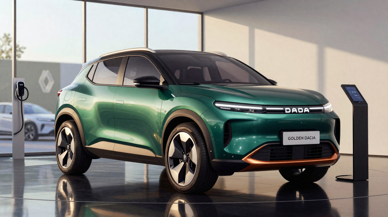 Carro elétrico verde Dacia Golden exibido em showroom moderno com estação de recarga ao fundo.