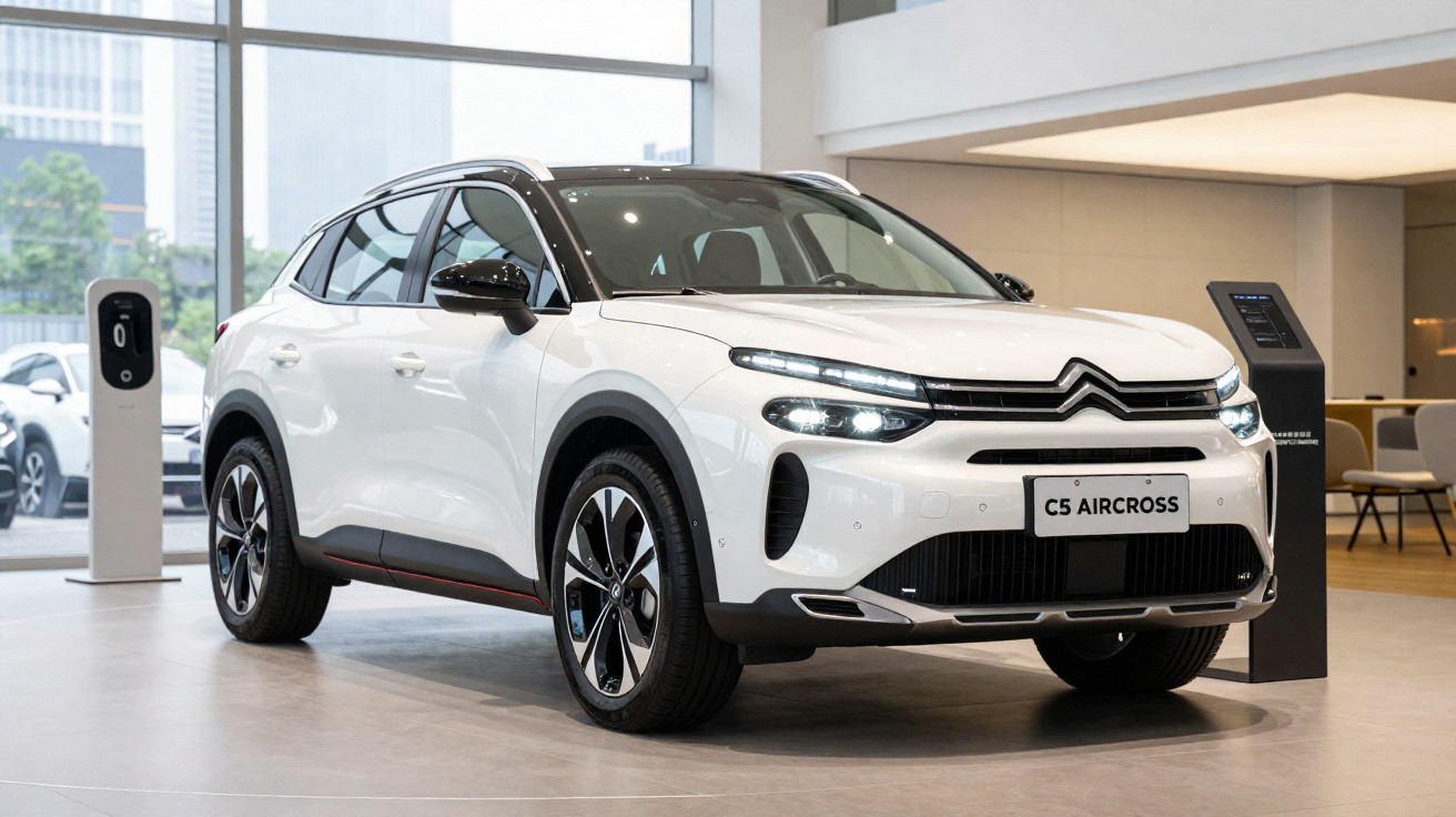 SUV branco Citroën C5 Aircross estacionado em showroom moderno com piso claro e exposição interna.