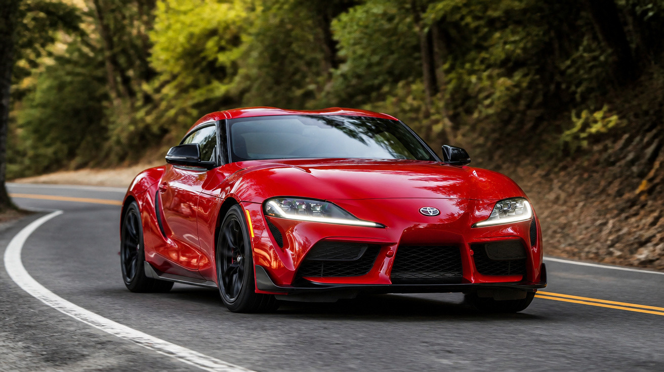 Carro esportivo vermelho Toyota Supra dirigindo em estrada sinuosa cercada por árvores verdes.