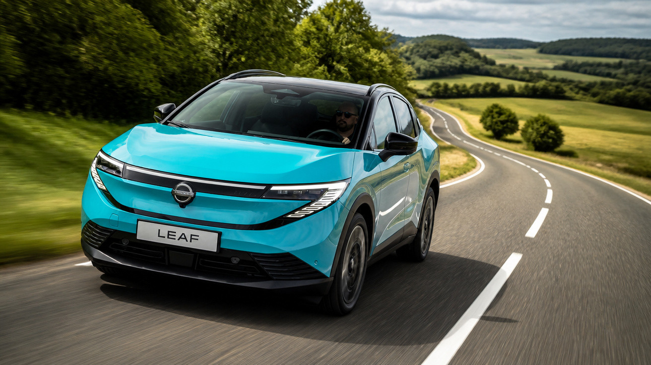 Carro elétrico azul Nissan Leaf dirigido em estrada sinuosa com paisagem verde ao fundo.