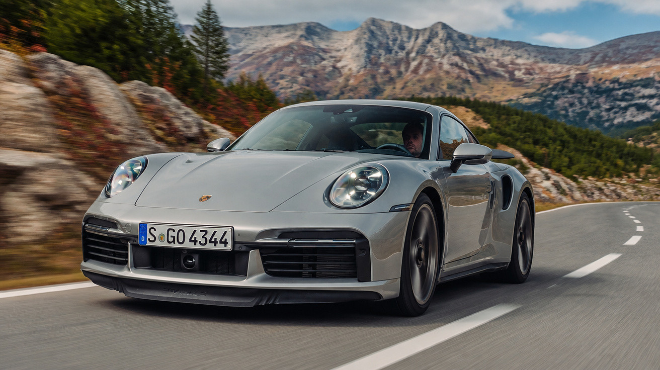 Carro esportivo cinza Porsche 911 dirigindo em estrada sinuosa com montanhas ao fundo.