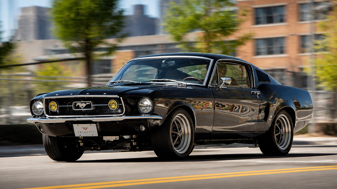 Carro clássico preto Ford Mustang em movimento em rua urbana com edifícios ao fundo.