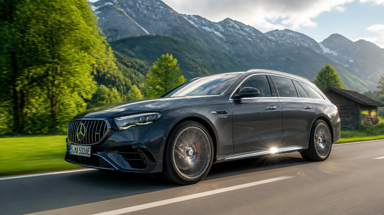 Carro Mercedes-Benz preto em estrada com montanhas e árvores ao fundo em dia ensolarado.