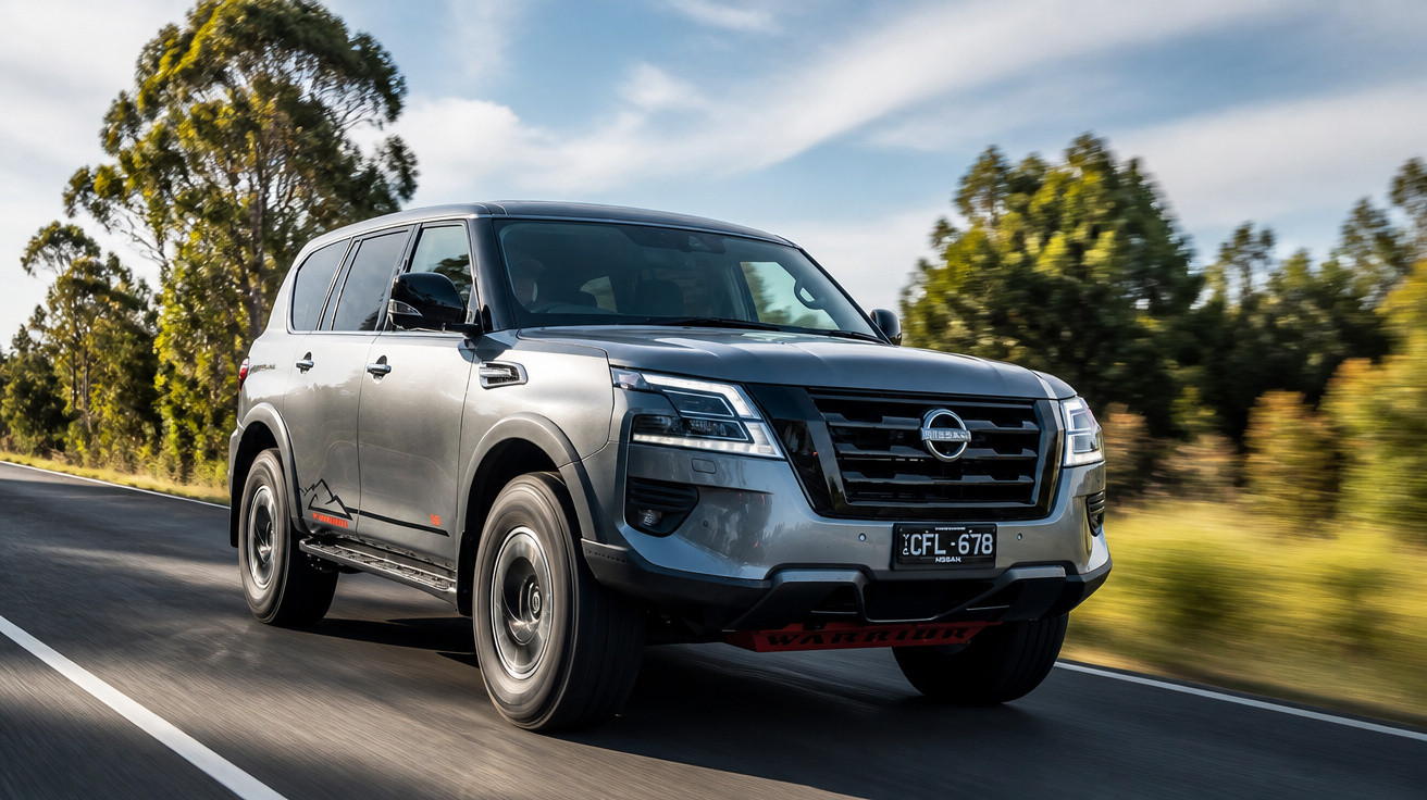 SUV Nissan Terra cinza em movimento em estrada asfaltada cercada por árvores em dia ensolarado