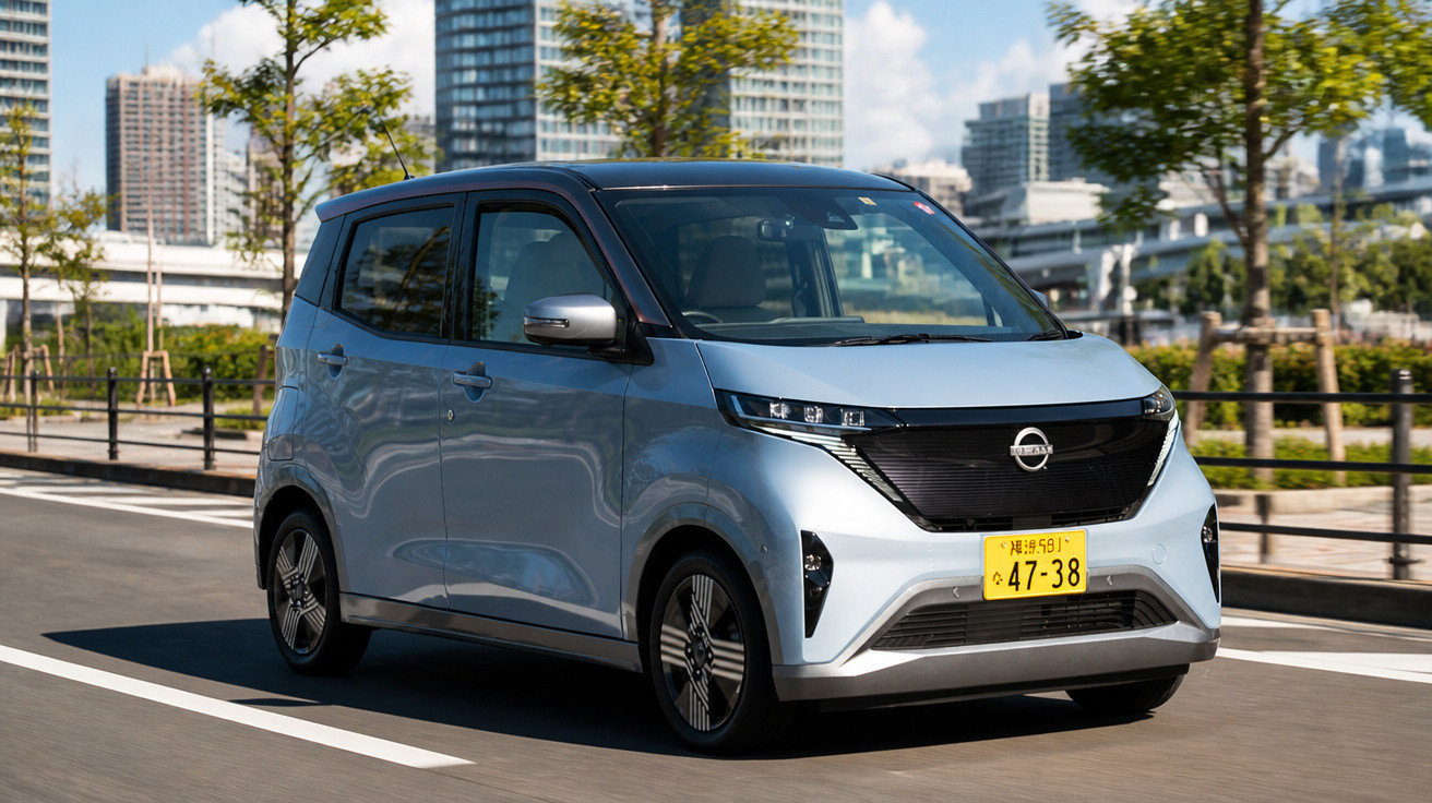 Carro elétrico compacto prata da Nissan circulando em via urbana com edifícios ao fundo.