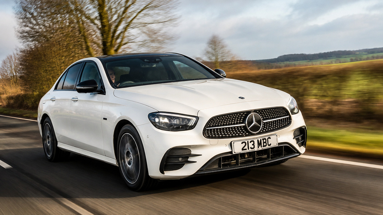 Carro branco Mercedes-Benz sedan em estrada rural com árvores e céu nublado ao fundo.