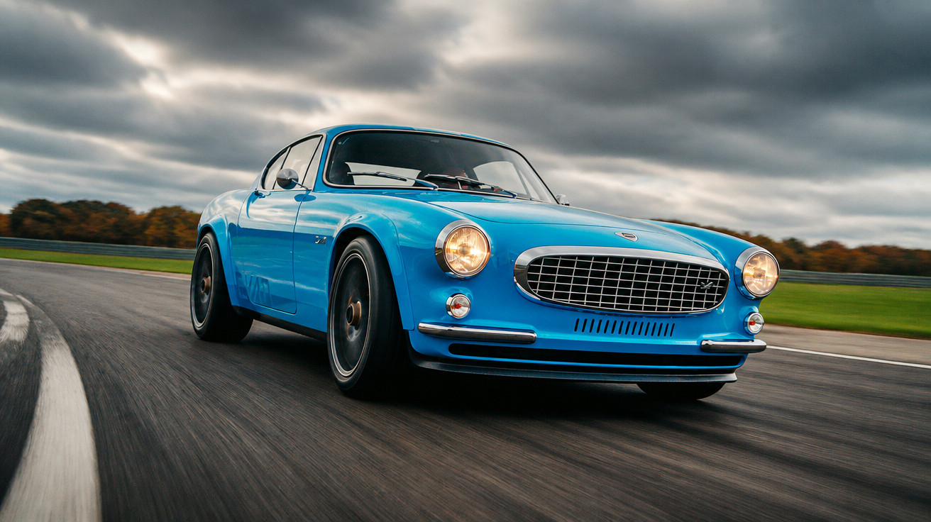 Carro esportivo clássico azul em alta velocidade em pista curva sob céu nublado.