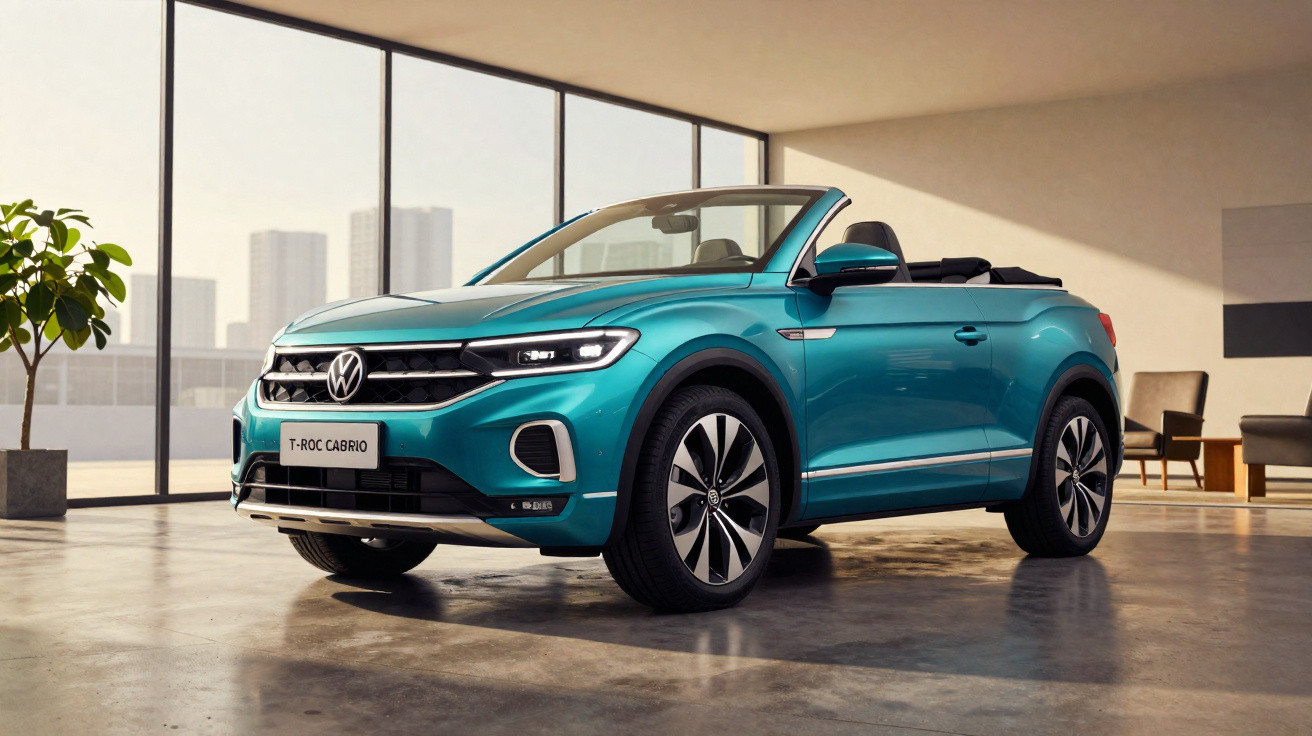 Carro conversível Volkswagen T-Roc Cabrio azul estacionado em ambiente interno moderno com plantas e móveis.